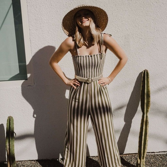 New SHOW ME YOUR MUMU Parton Bella Stripe Smocked Tie Strap Jumpsuit in Green - Picture 4 of 9